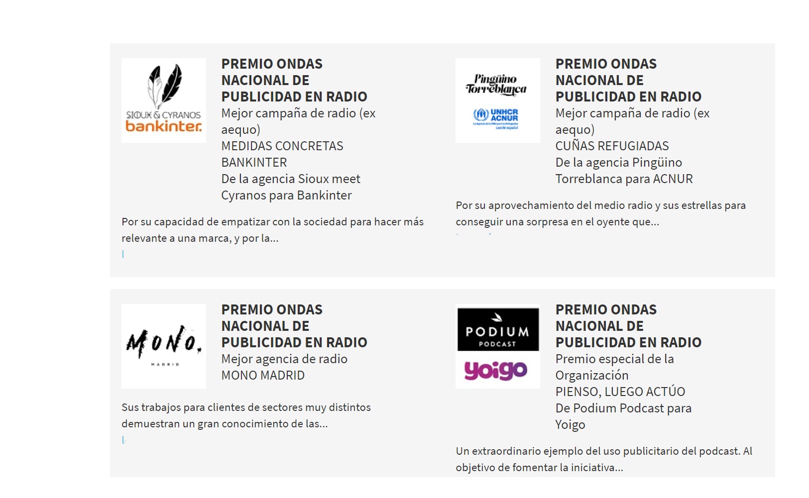 Premios ondas ,publicidad , 2020, sioux, bankinter, pinguino, torreblanca, acnur, mono, podium, yoigo, pienso, actúo, programapublicidad